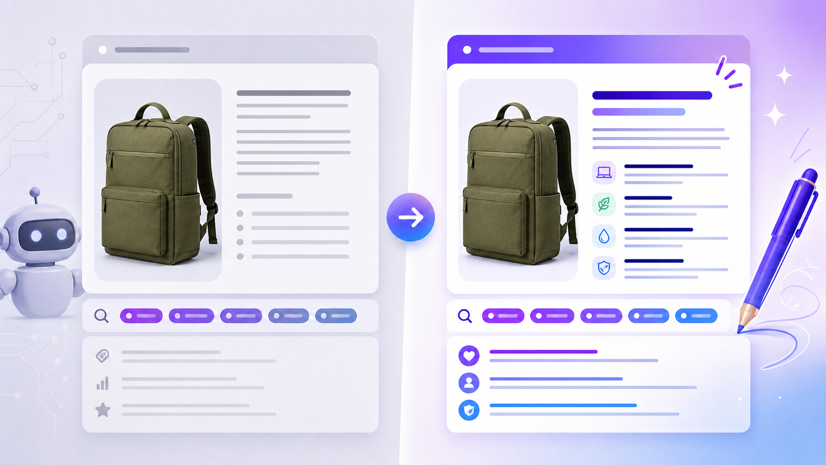Illustrative before-and-after product description for an olive recycled-canvas daypack