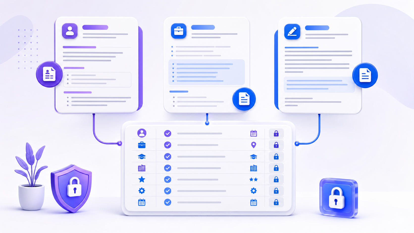 Resume, job posting, and cover letter cards connected to a locked fact ledger