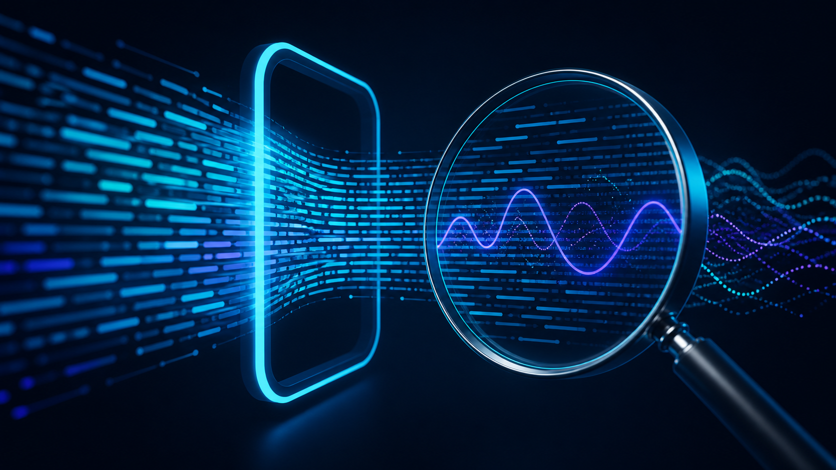 Abstract text stream passing through a portal while a lens reveals a hidden wave pattern woven into the output