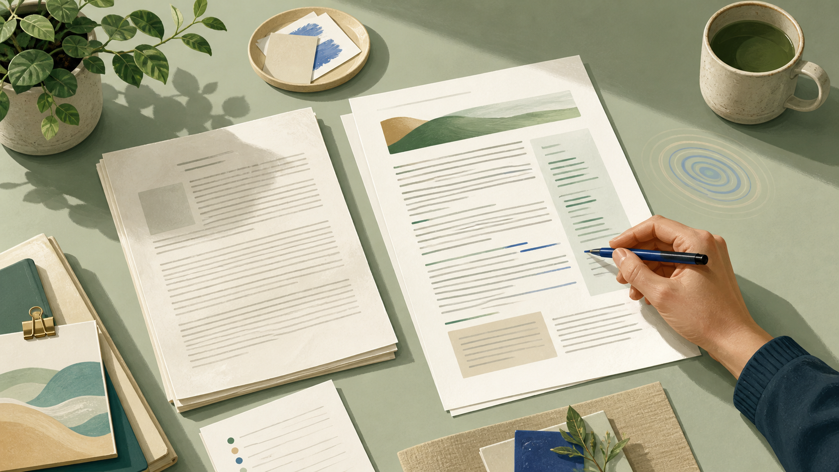 Editor comparing an original page with a substantially revised page and making a careful final change by hand